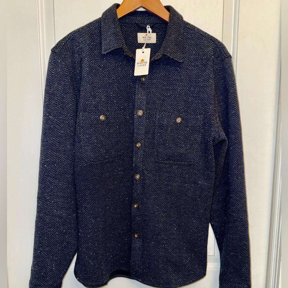 Marine Layer NWT Pacifica Stretch Twill Shirt in Dark Herringbone